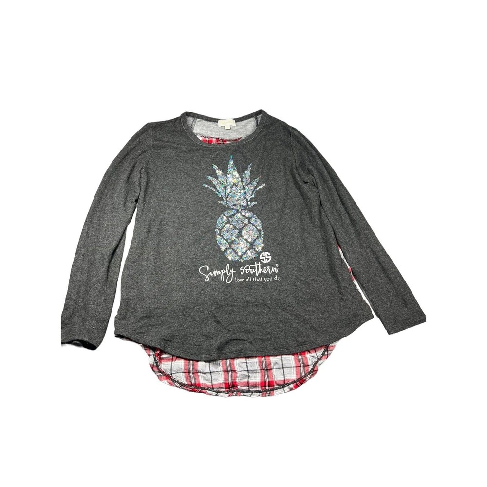 Simply Southern Women’s tunic Top‎ Gray Sparkle Pineapple Flannel Back Size M